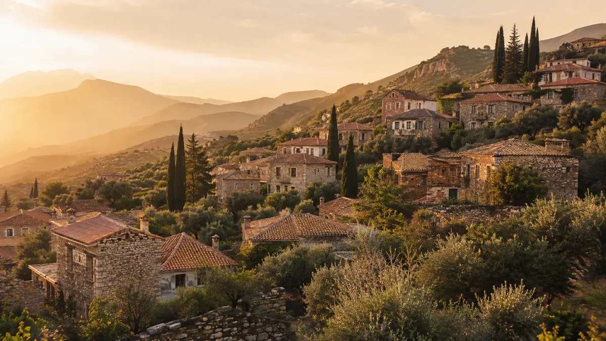 Village de pierre étagé sur une colline, oliviers et cyprès dans la lumière du soir