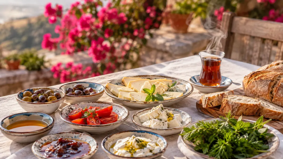 Table de petit-déjeuner turc en terrasse : fromages, olives, herbes et thé