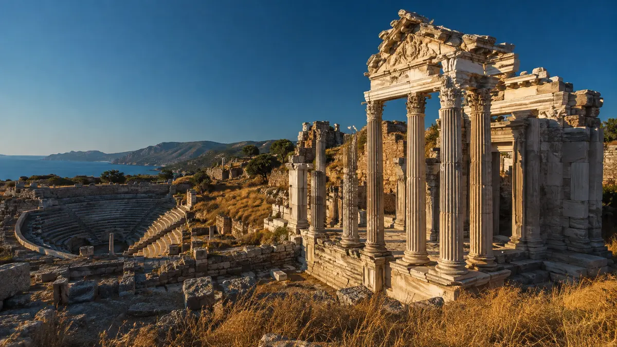 Colonnes de marbre et théâtre antique dominant la mer à la lumière du soir