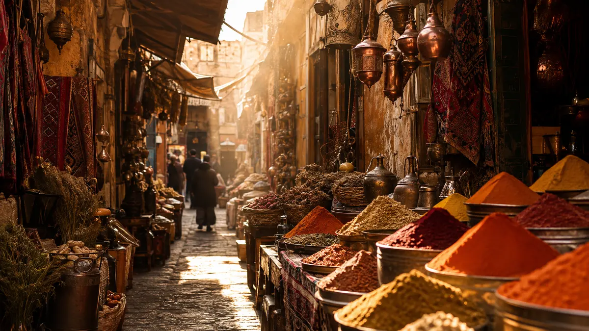 Ruelle d’un bazar méditerranéen, étals d’épices et lanternes de cuivre